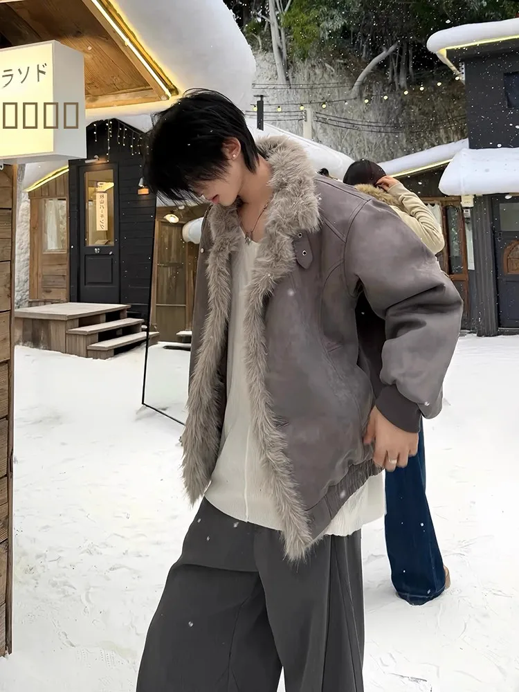 

Deep Grey Suede Cotton Jacket Men's Winter Fleece Lined Short Style Fashionable Warm Thickened Long Sleeve Button Closure