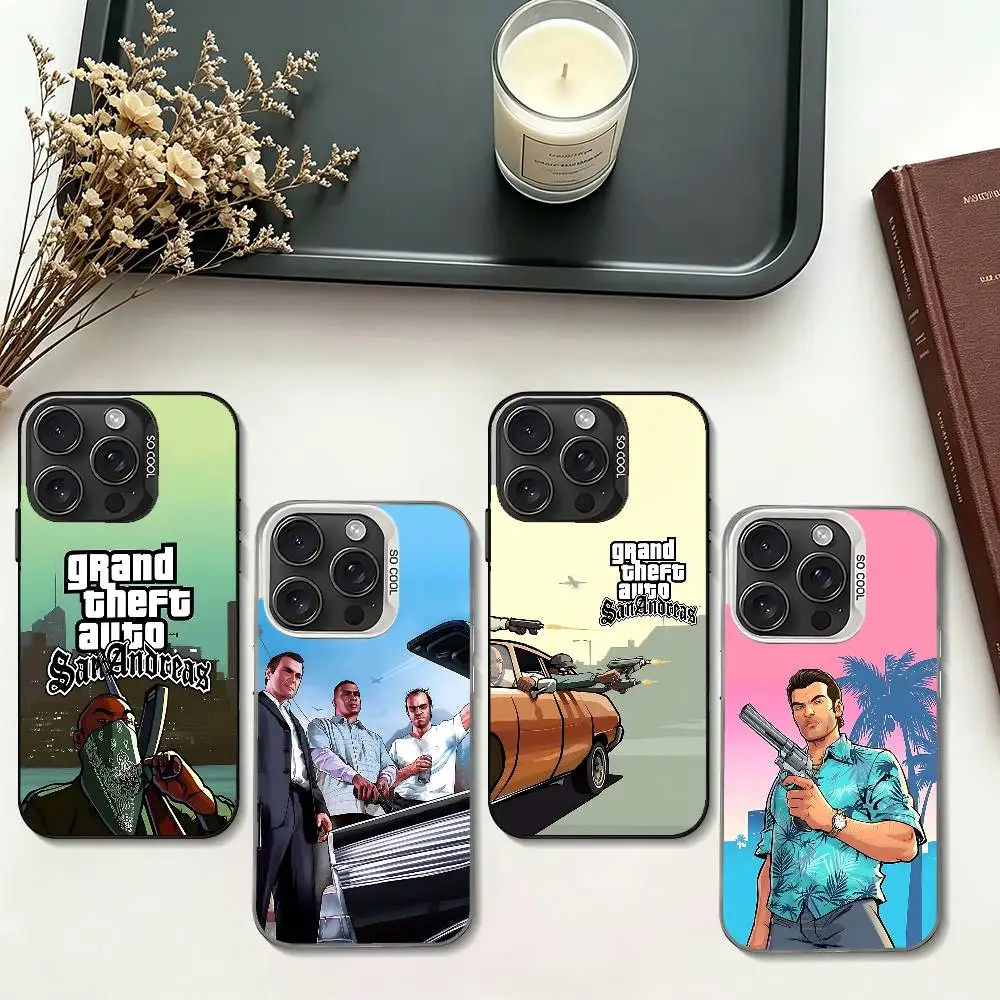 Funda Antigolpes Plateada con Diseño de Videojuego G-GTA para iPhone 17 16 15 14 13 12 11 Pro Max