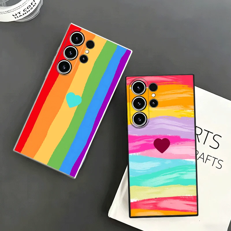 Rainbow Gradient Love Desgin Soft Phone Case For Samsung S24 S25 S26 Ultra S23 S22 Plus S21 S20 FE Edge + Black White Couple Cov