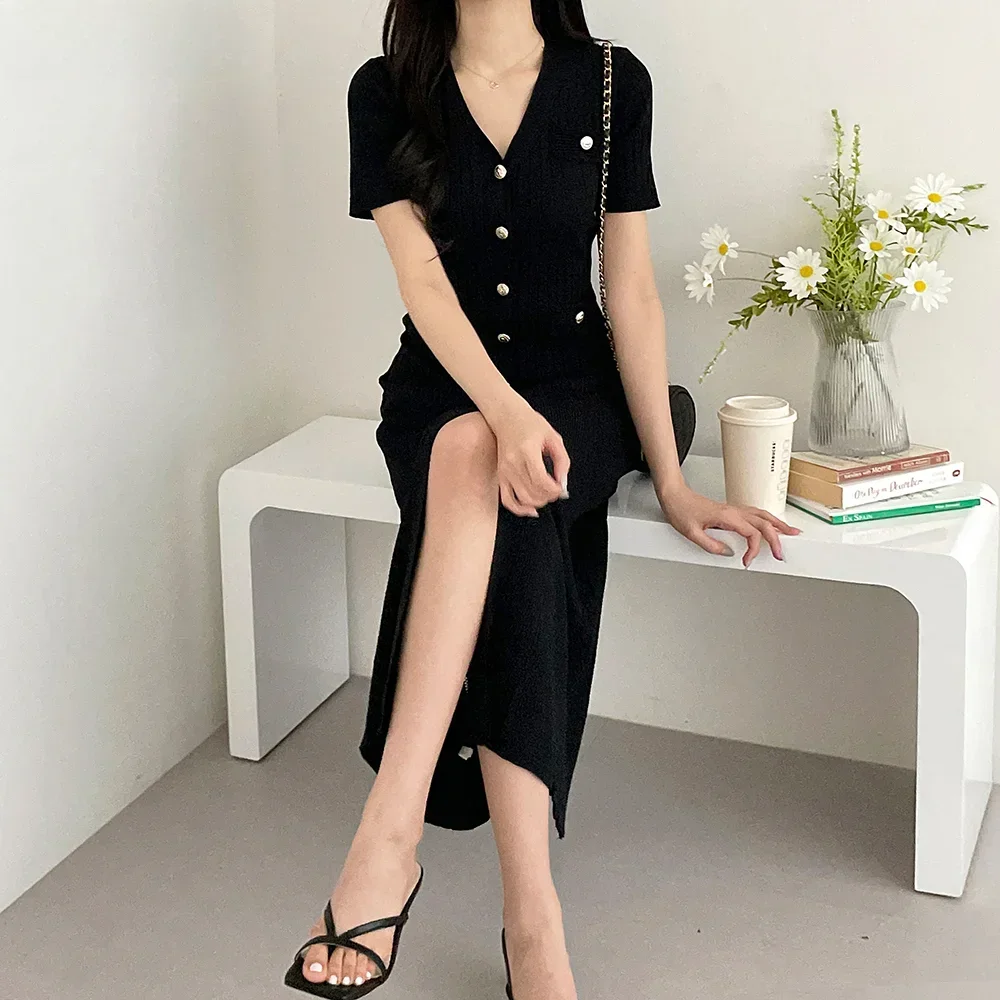 Knitted Black Bodycon Korea Style Ruffle Ladies Short Sleeves Midi Dresses Elegant Casual V-neck Mermaid Dress for Women Summer