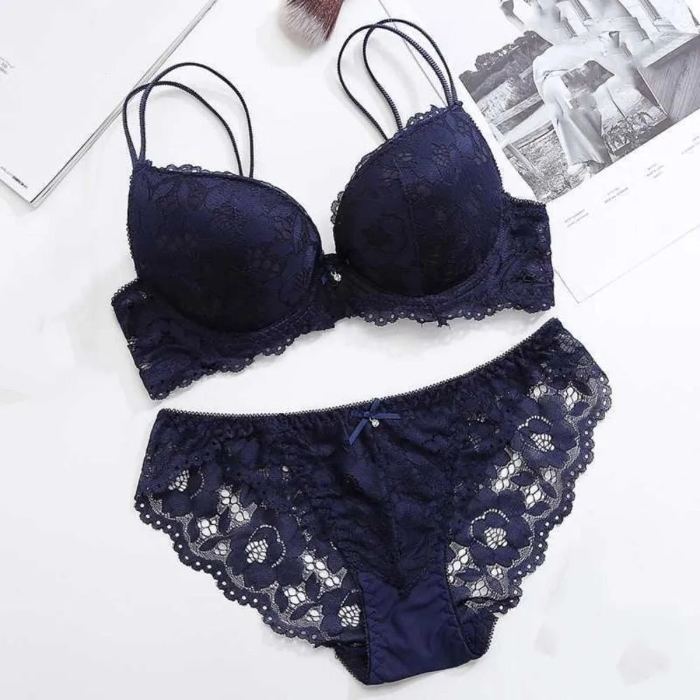 

Fashion Mesh Lace Flower Bra Bowknot Non Slip Bra Panties Set Intimates Low Waist Seamless Underwear Set Summer