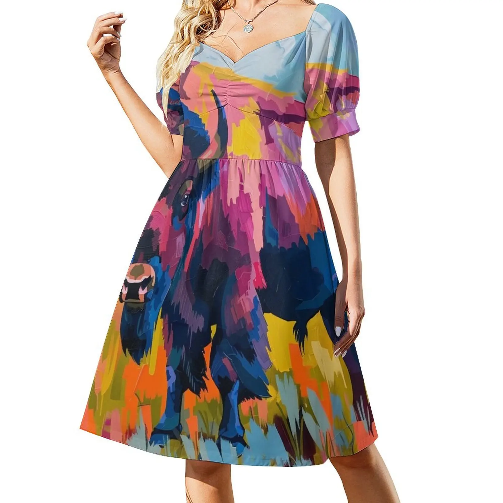 

American Buffalo in a Colorful Field Short-Sleeved Dress summer dress dresses for special events