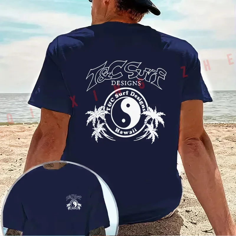 Yin Yang Tai Chi Palm Tree Surfing Style Motorcycle T-Shirt Cotton Double-Sided Print Men Short Sleeve Summer Casual Tops Tee 2