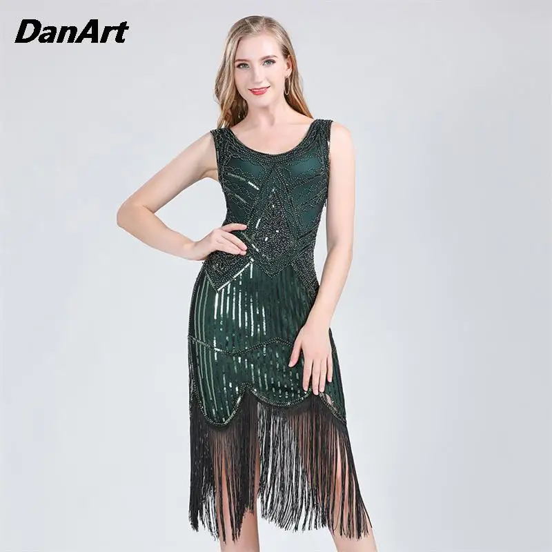 1920s Vintage Flapper Great Gatsby Party Dress V-Neck Sleeveless Sequin Beaded Style Tassel Flapper Vestidos Feminina