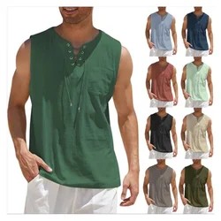 Summer men's solid color sleeveless vest, quick drying and breathable American tough guy style cotton and linen camisole T-shirt