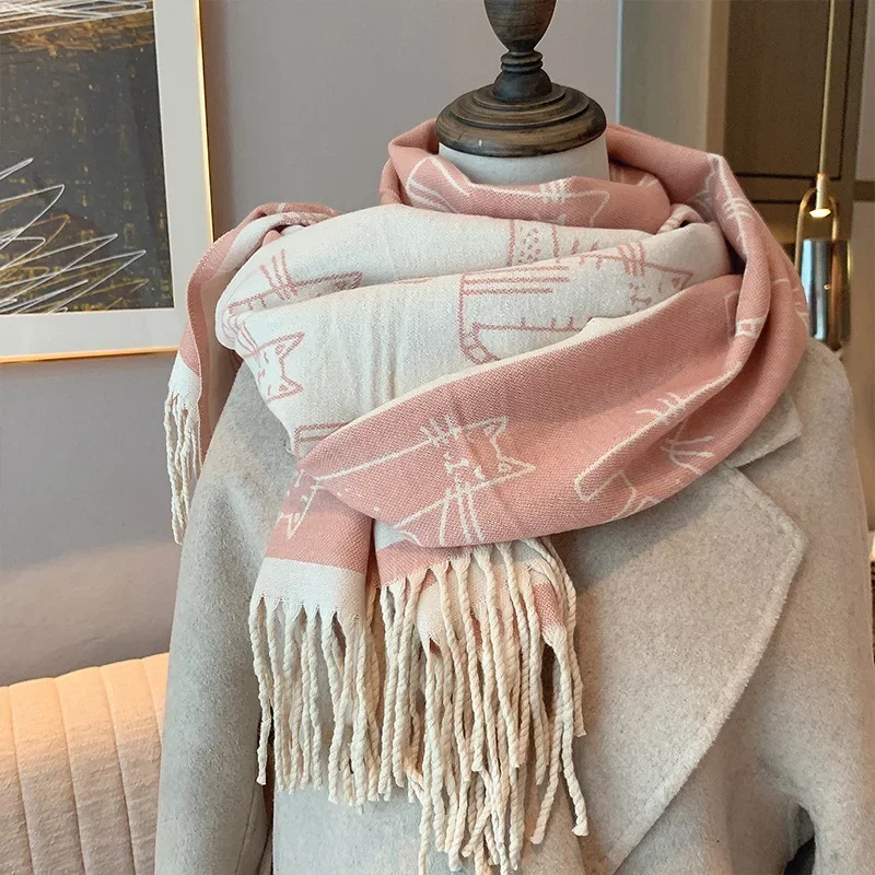 Autumn and Winter Scarves Popular Women Imitation Cashmere Thickened Kitten Shoulders Covered with Warm Scarves Dual Purposes.