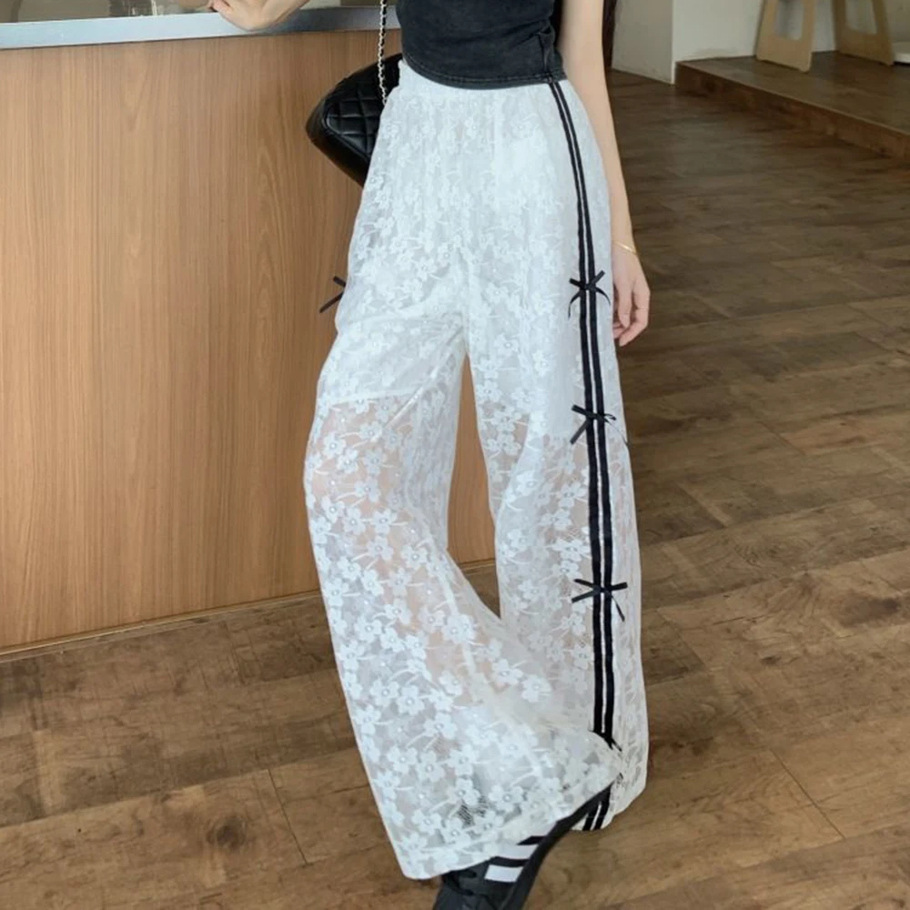 Bow lace white casual pants women's summer thin design sense hollow high waist thin straight trousers