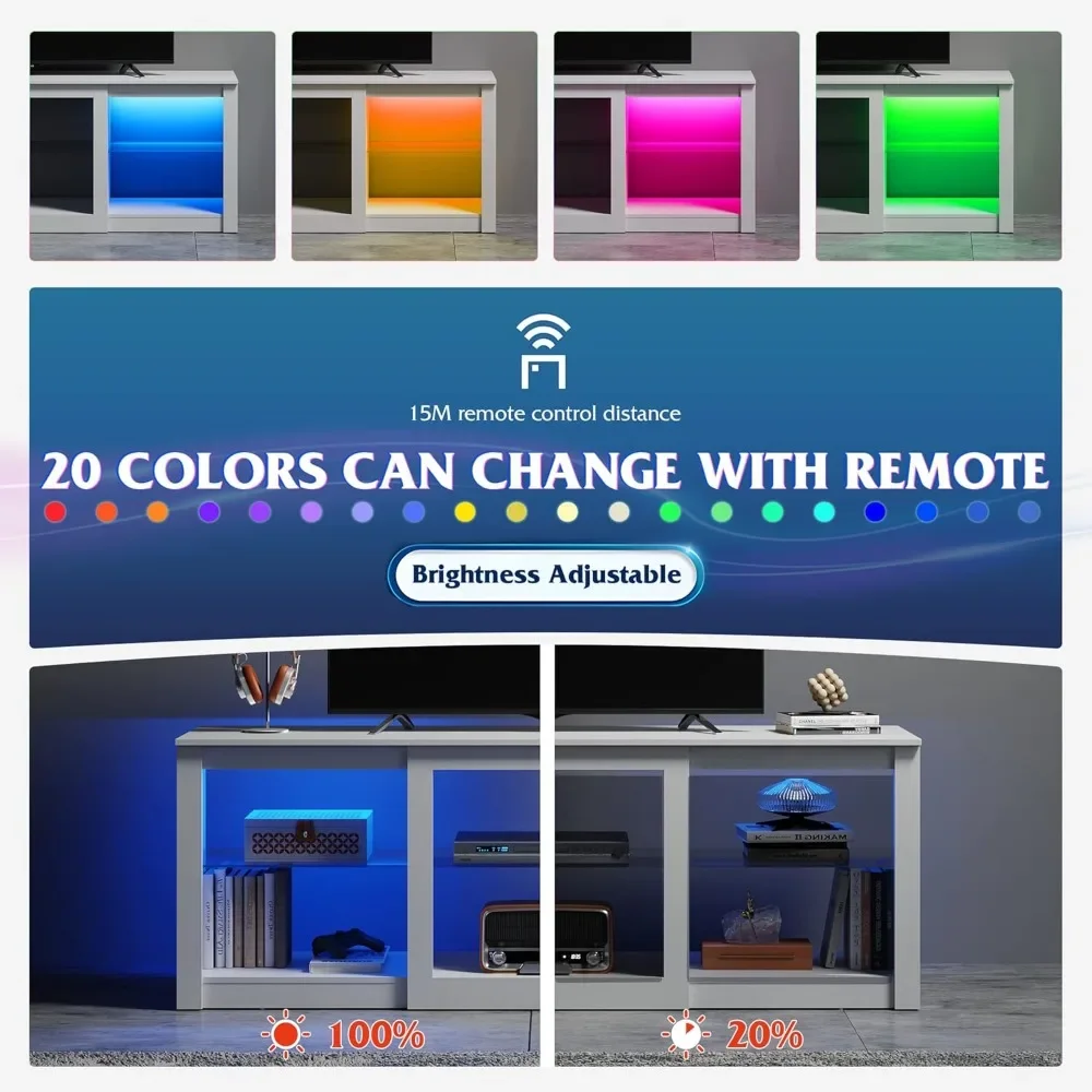 Suporte de TV LED para TV de 65 polegadas, centro de entretenimento de 58 polegadas com prateleiras de vidro ajustáveis, console de mídia moderno para sala de estar