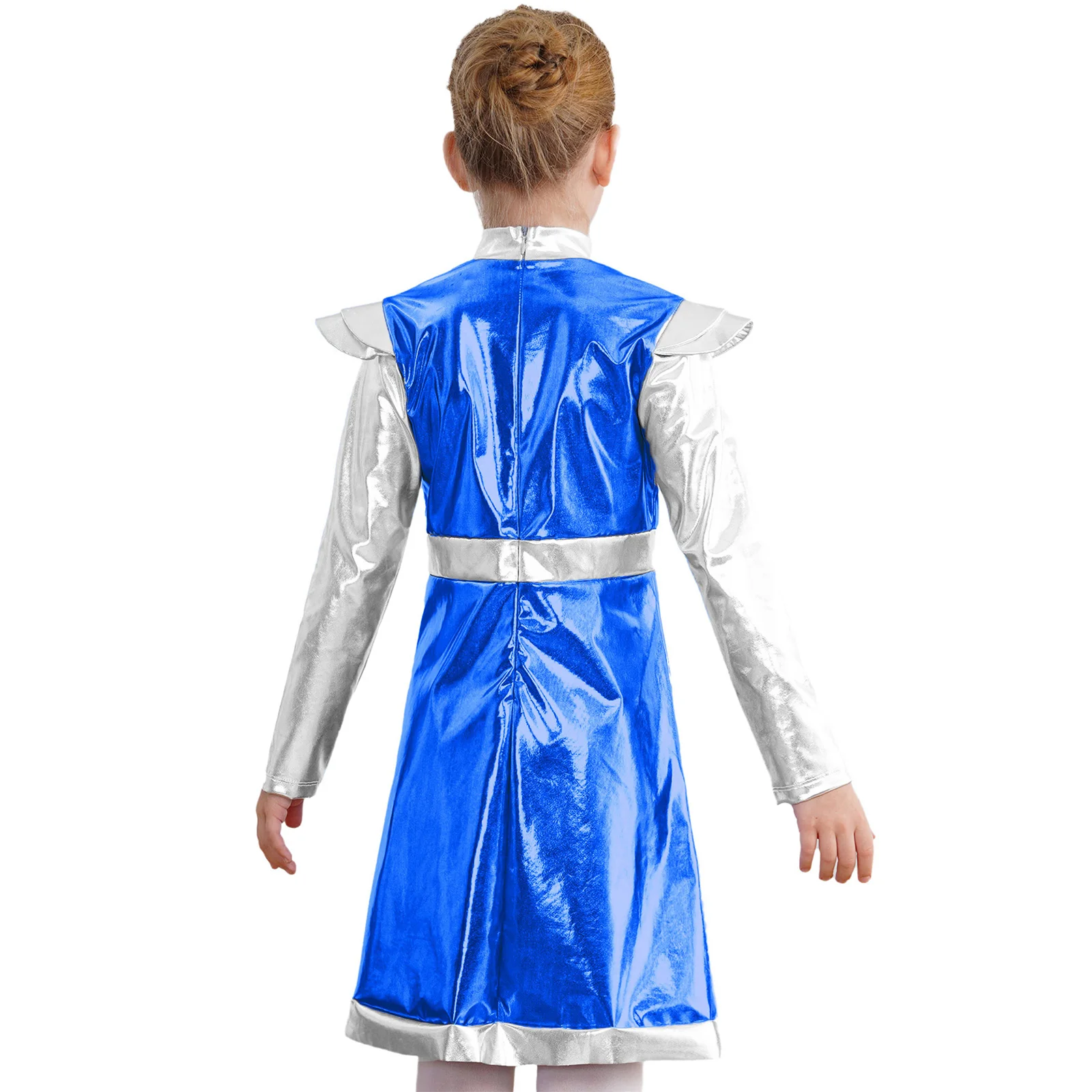 Kids Girls Halloween Alien Cosplay Costume Metallic Long Sleeve Outer Space Robot Cutie Dress Carnival Themed Party Dress Up