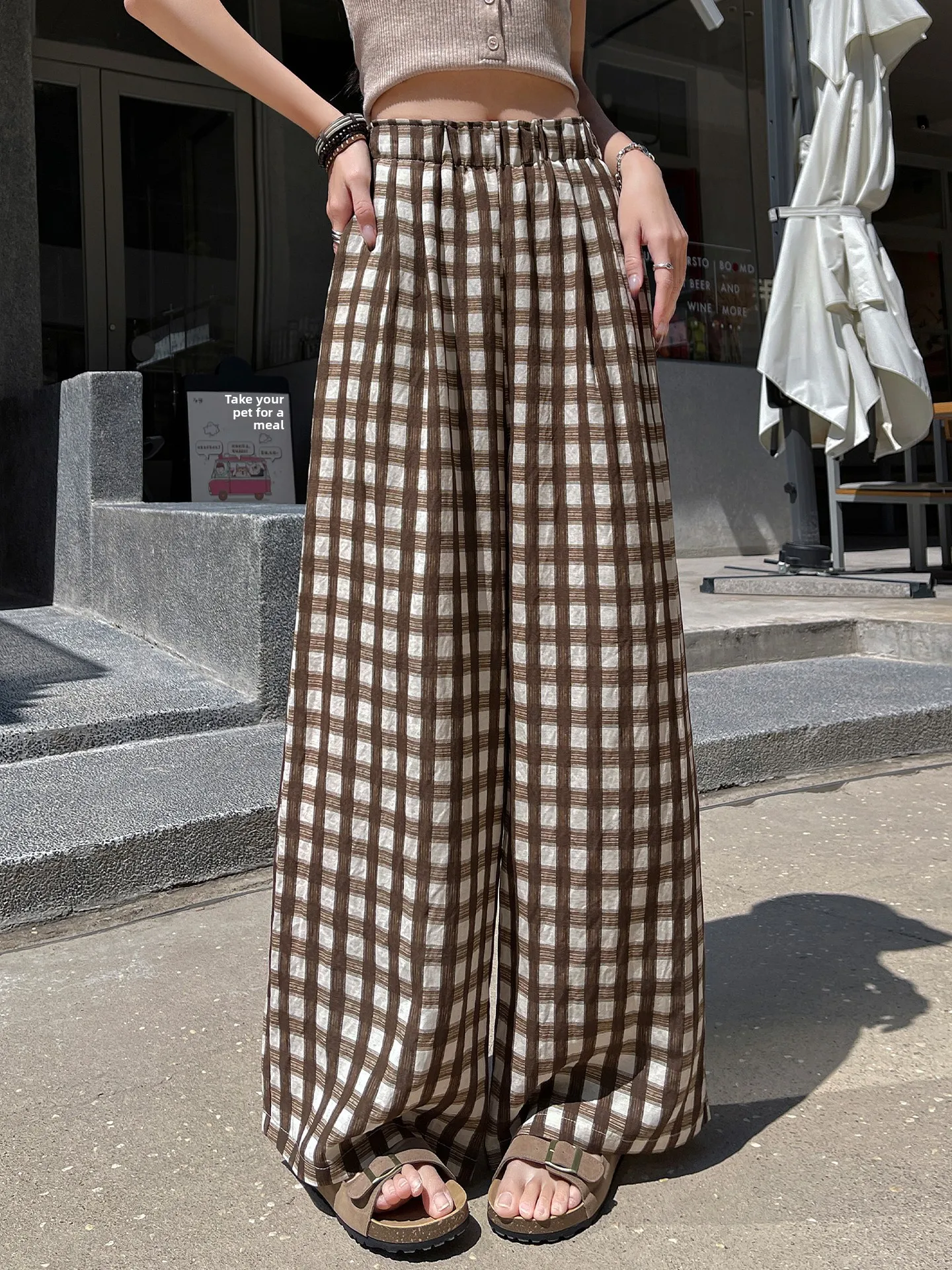 

Retro Brown Plaid Linen Straight Leg Pants Women's Summer Thin Lazy Style Drapey Wide Leg Long Trousers Casual High Waist