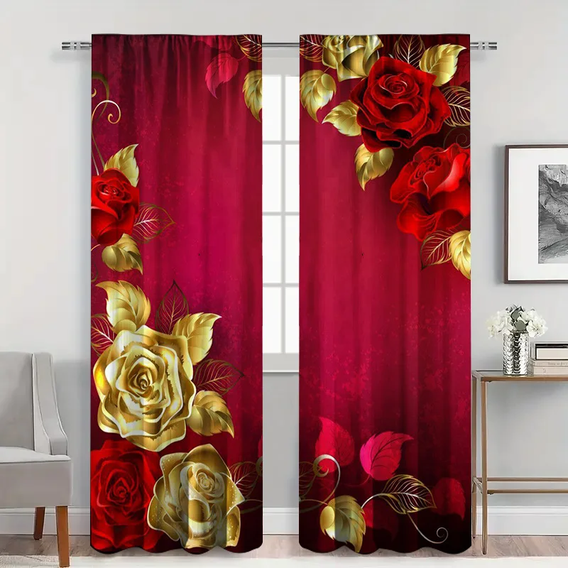 2pcs Embroidered Rose Jacquard Curtains with Rod Pocket, Red and Gold 3D Floral Sheer , Luxurious Vintage for Living Room