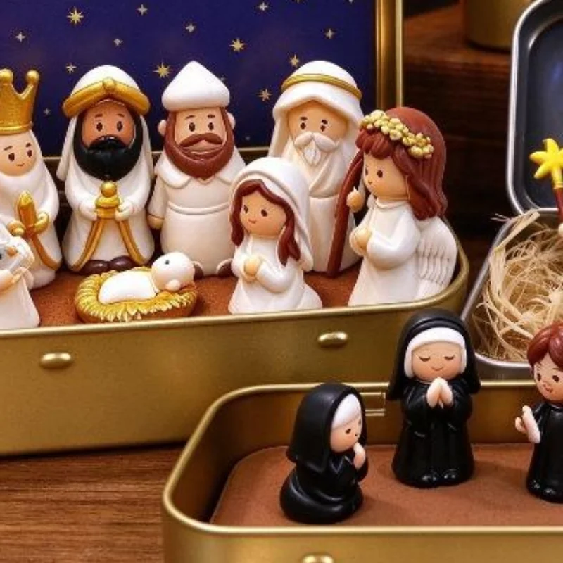Mini Nativity Scene Figurines Set Portable Tin Box Rustic Holy Family Manger Decor for Country Christmas Home