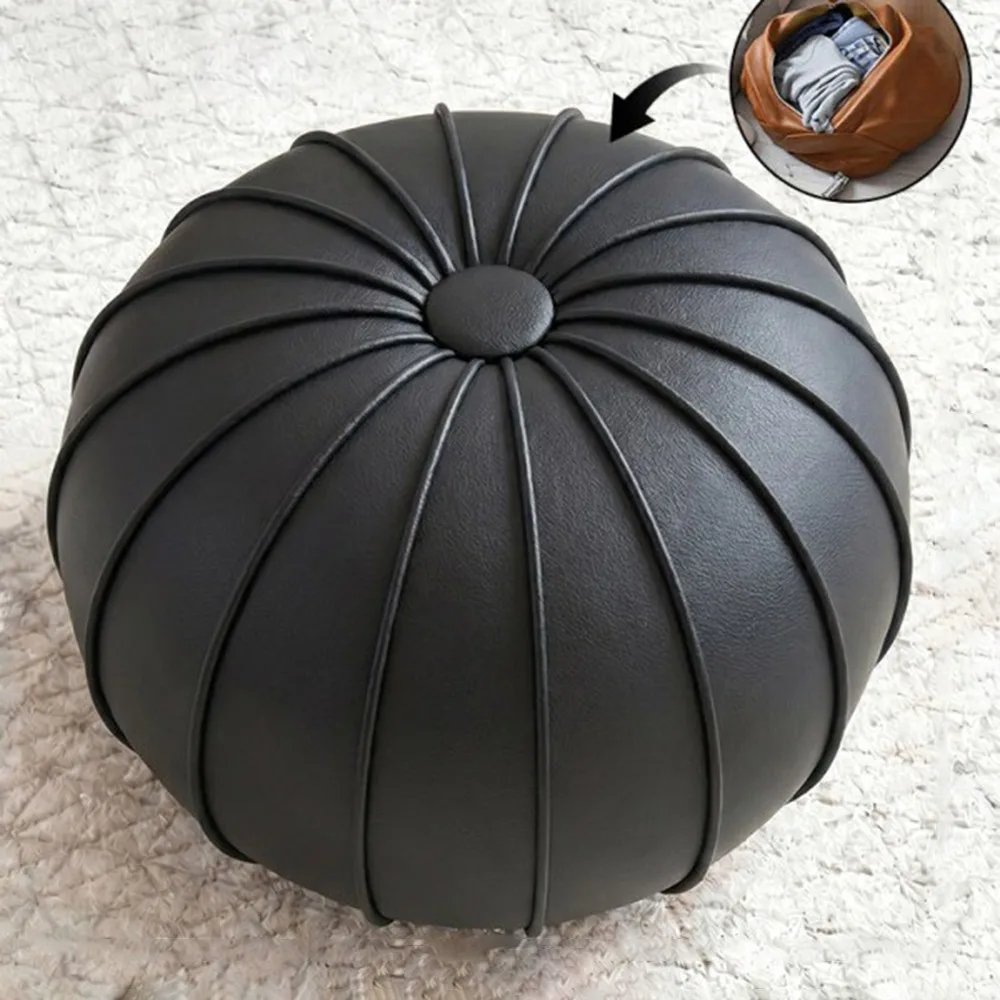 New Leather Fillable Ottoman Pouf Round Shape Luxury Style Round Pouf Cover Low Profile Storage Ottoman Sofa Side Use