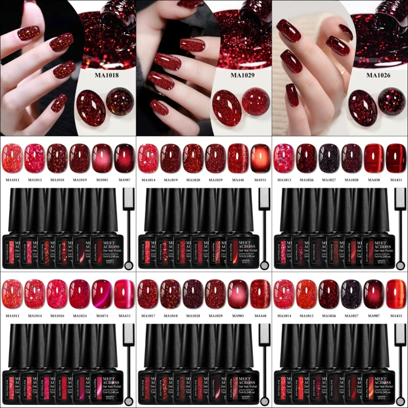 

7pcs Christmas Red Series Gel & Magnetic Gel Nail Polish Set Shiny Effect Semi Permanent UV LED Gel Manicure DIY Nail Supplies