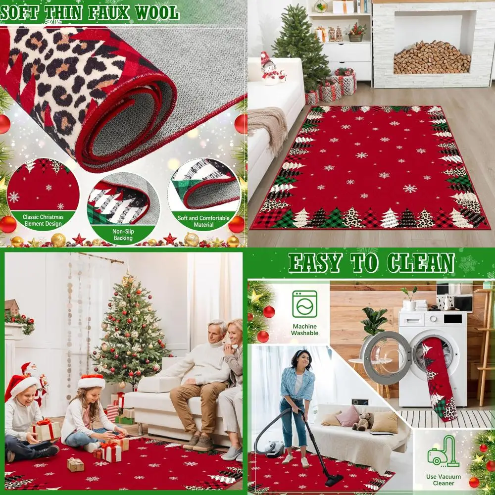

Red 5x7ft Christmas Rug: Tree & Snowflakes, Washable, Non-Slip for Holiday Decor