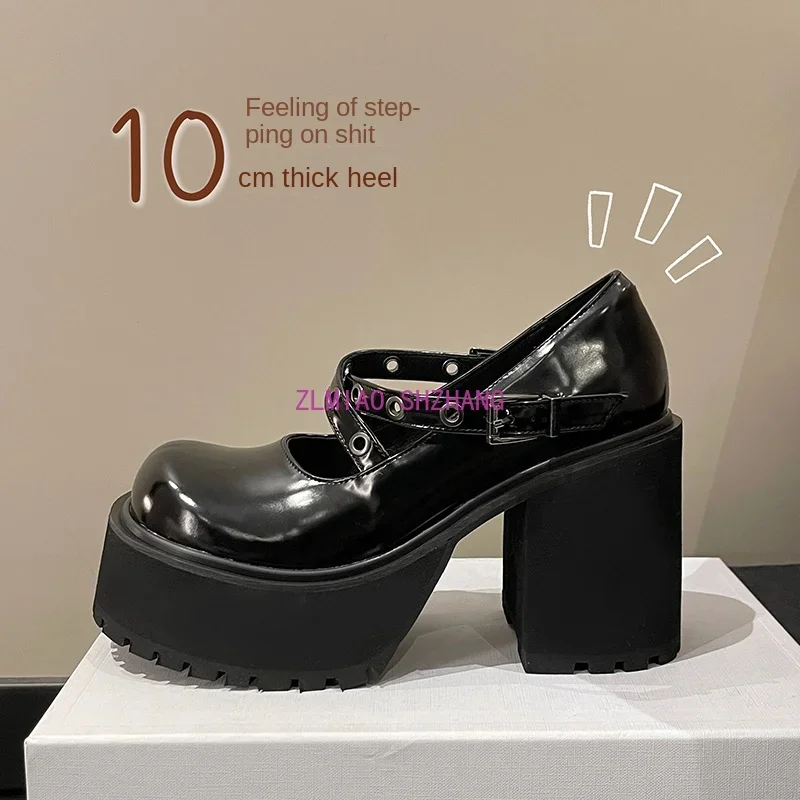 Round Toe Thick Heels Women\'s Shoes Spring Autumn New 10CM Thick High Mary Jane Small Leather Shoe Black Buckle Belt Cross Pumps