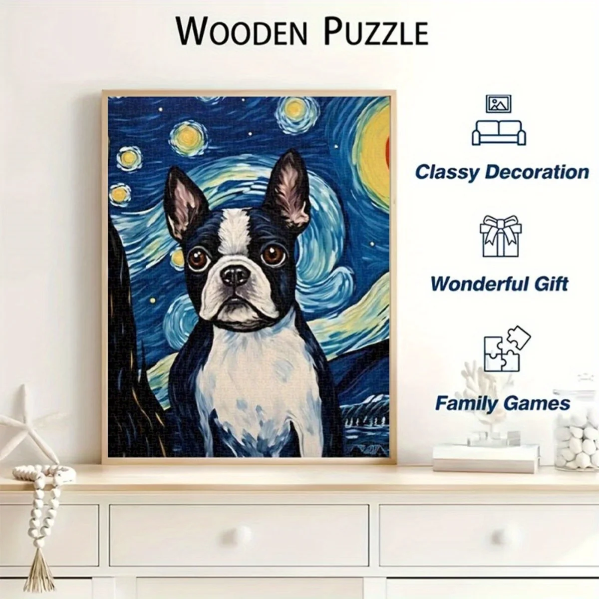 Grote puzzel voor volwassenen - 1000 stuks met een Boston Terrier in een sterrennachtkunstwerk - Boeiende familie-uitdagingspuzzel