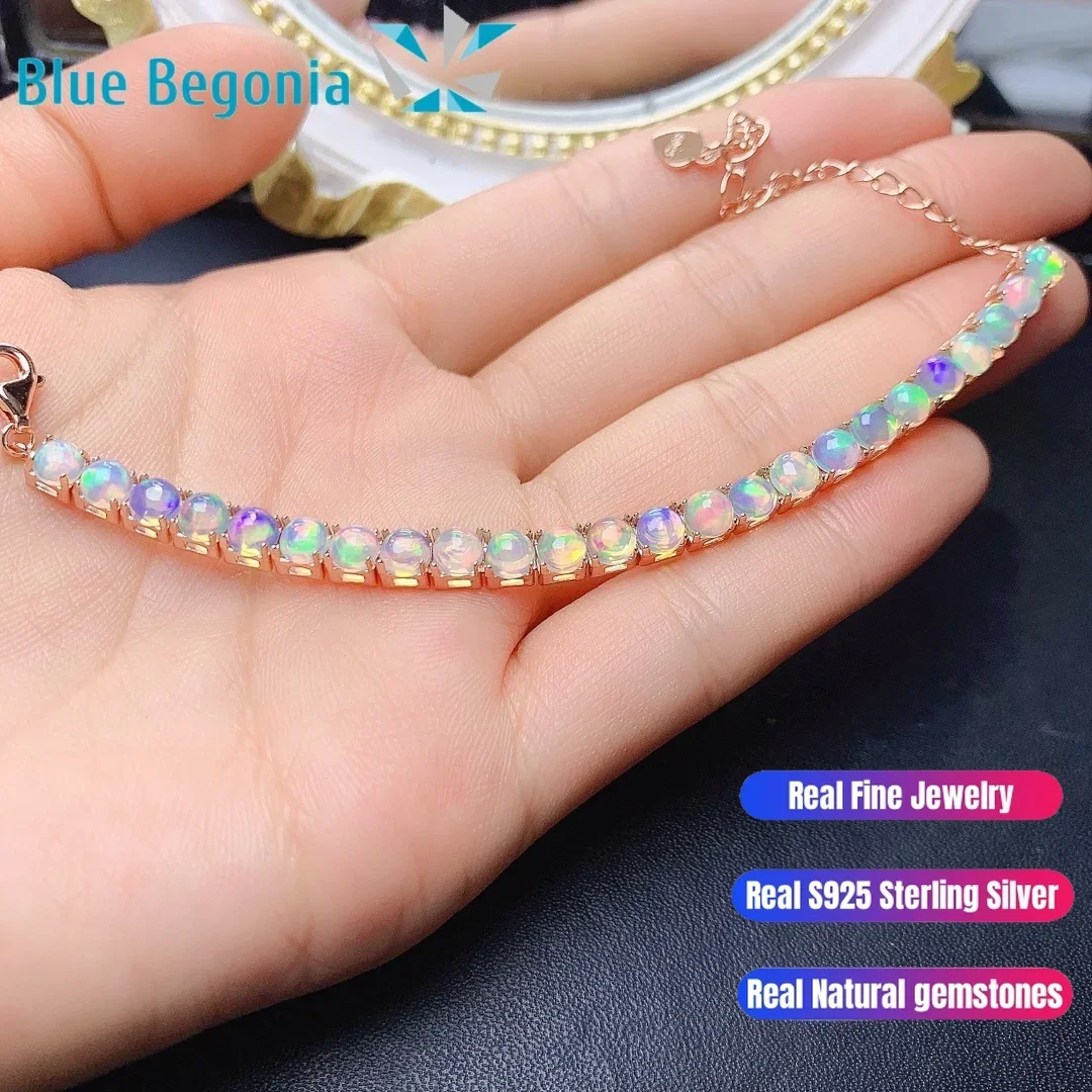 Natural Australia Opal Bracelet 24Pieces 4x4mm Gemstone 925 Sterling Silver for Women Anniversary Gift