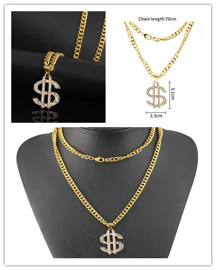 Gold Color Crystal Dollar Sign $ Pendants & Necklaces With Long Twist Chain Statement Hip Hop Necklace For Woman Men