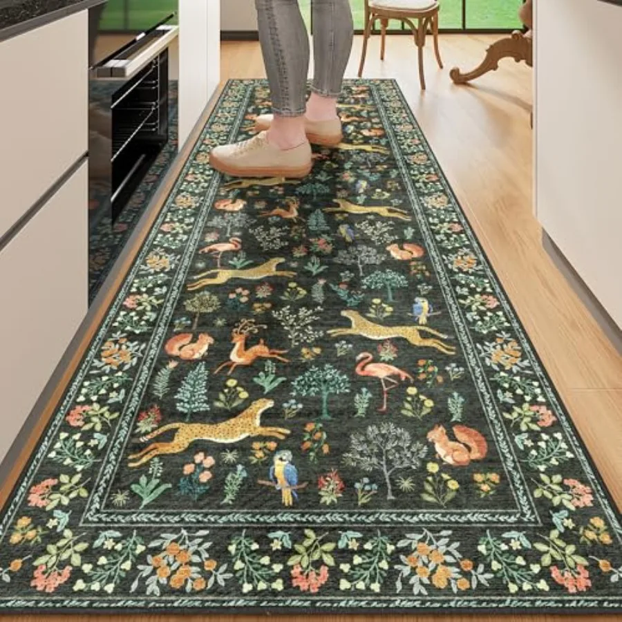 

2.6x8 Rug for Hallway Washable Kitchen Runner Rug with Non Slip Backing Soft Low Pile Vintage Animal Runner for Bedroom Kitchen