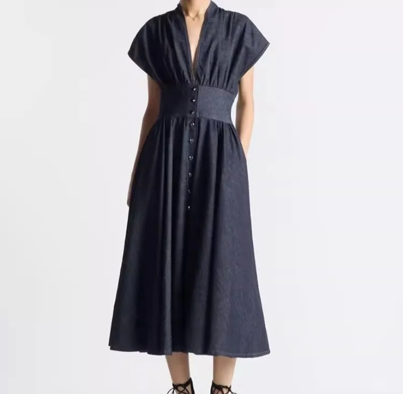 

Blue Denim V-neck Dress Women Single-breasted Streetwear Vintage Elegant Clothing Lady Runway Design Clothing Lady Chic