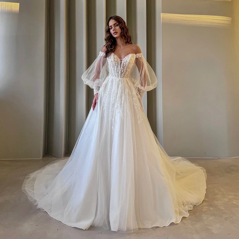 

Eightree Princess Lace A-Line Wedding Dresses Puff Sleeve Appliques Tulle Wedding Ball Gown Women Bridal Prom Dress Customized