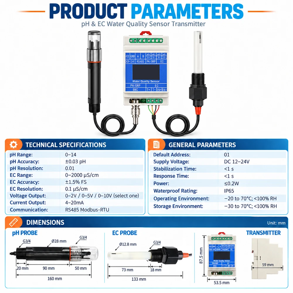 Czujnik jakości wody 5 w 1 PH EC TDS Zasolenie Temperatura RS485 4-20mA 0-5V 0-10V Modbus IP68 9-24V Do Akwakultury Obróbki Wody — zdjęcie produktu 2