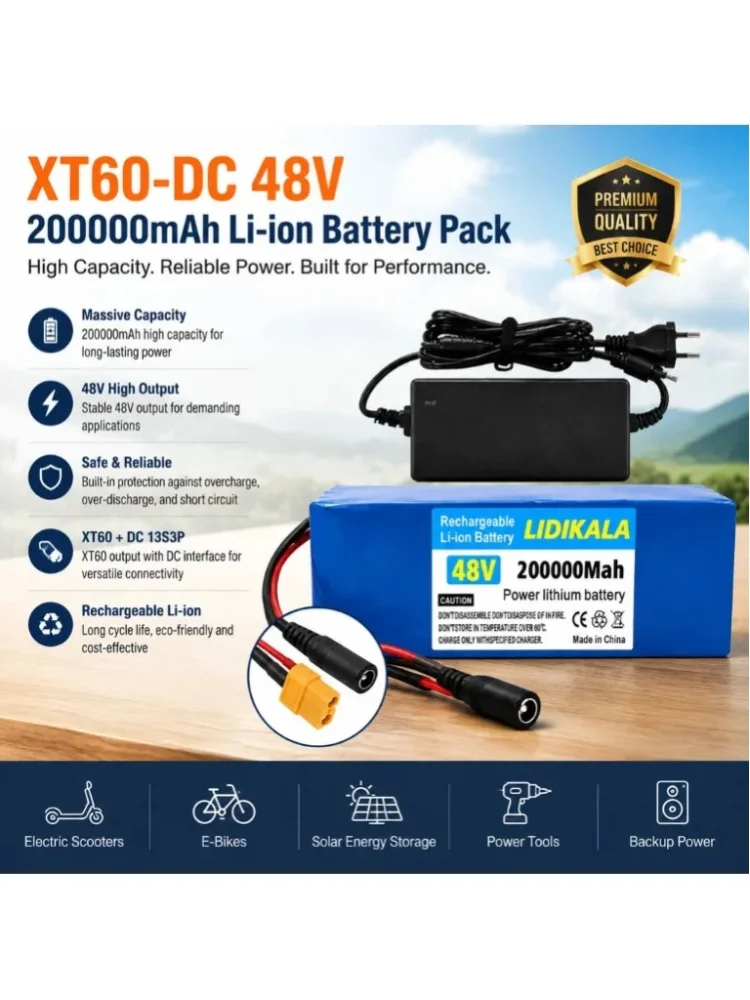 48V 200Ah 13S3P Lithium-Batteriepack 18650 Wiederaufladbare Ersatzbatterie für Elektrofahrräder und -roller mit BMS-Schutz Plug & Play