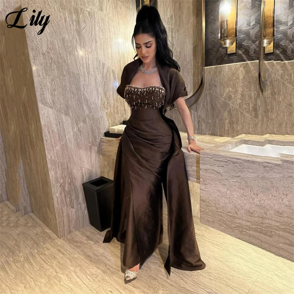 Vestido de fiesta de sirena Lily Brown, vestido de celebridad sin tirantes, corpiño con cuentas, vestidos de Gala, mangas dramáticas, vestido de noche personalizado