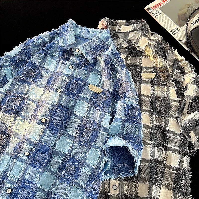 

Мужская фланелевая рубашка в клетку с коротким рукавом, свободного кроя, летняя, модная, брендовая, больших размеров, с воротником, на пуговицах, не требующая глажки