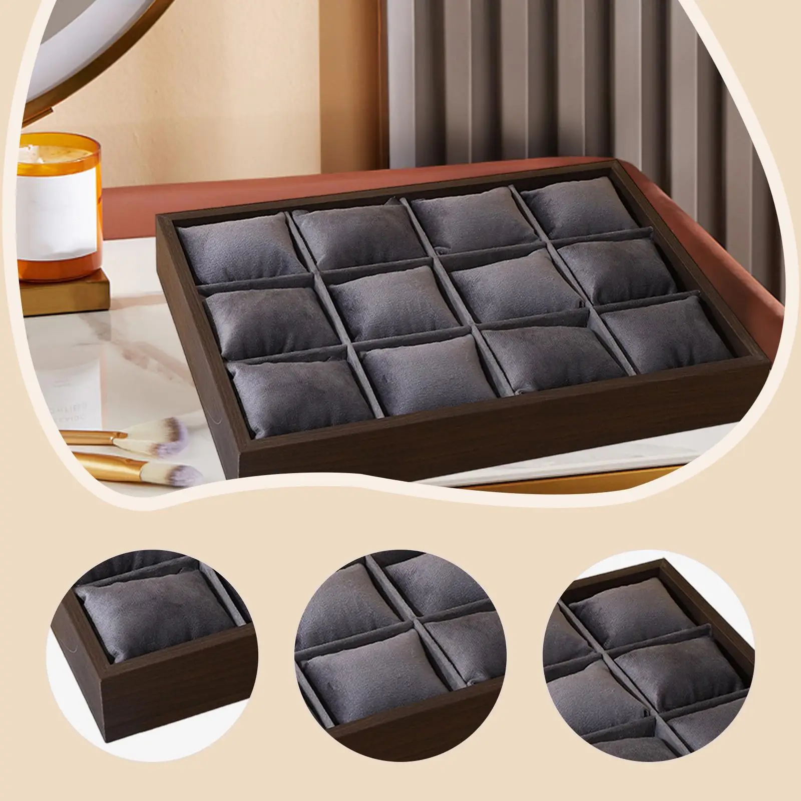 Organizador de jóias de relógio de veludo, travesseiros de pulseira de 12 slots, suporte de exibição de jóias, gavetas inserir bandeja de relógio de jóias,