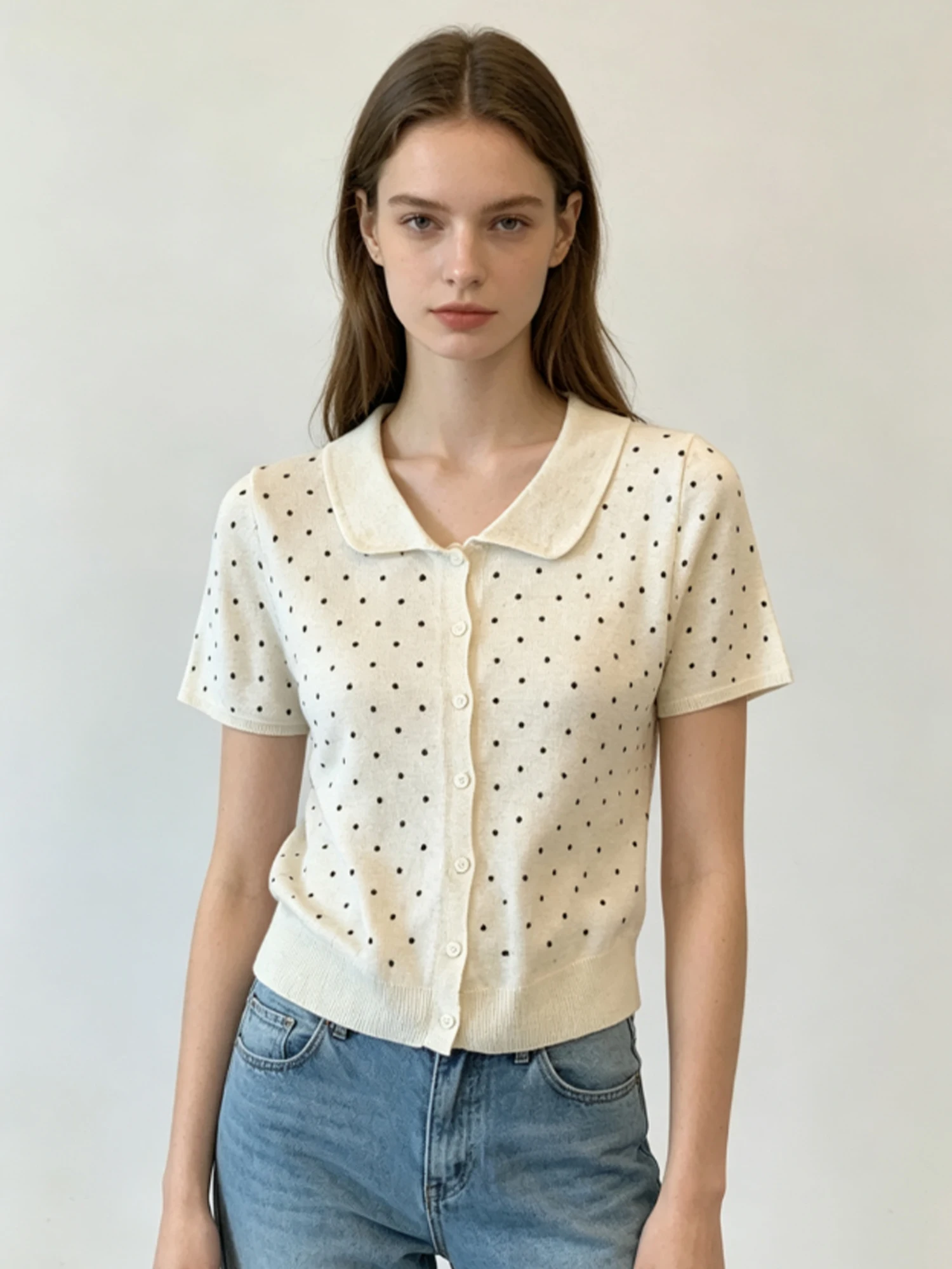 Women Apricot T-Shirt Peter Pan Collar Polka Dot Short Sleeve T-shirt Korean style Vintage Loose Ice Silk Knit Top Summer 2026