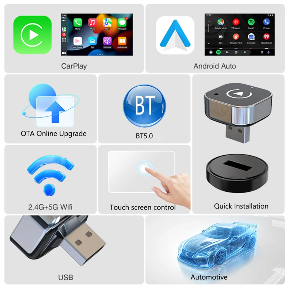 Dongle CarPlay filaire vers sans fil et Android Auto, Mini boîtier adaptateur intelligent filaire vers sans fil, connexion automatique, Dongle 2 en 1