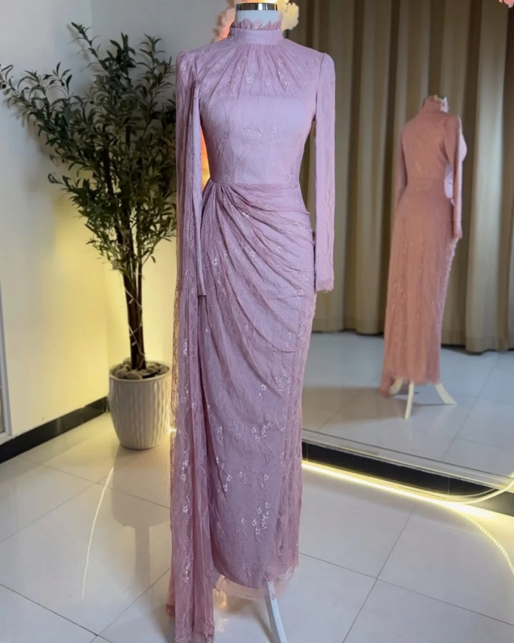 

Customized Matching Classic Lace Ruched Straight High Collar Long Dresses Bespoke Occasion Dresses Sizes Available Modern Style