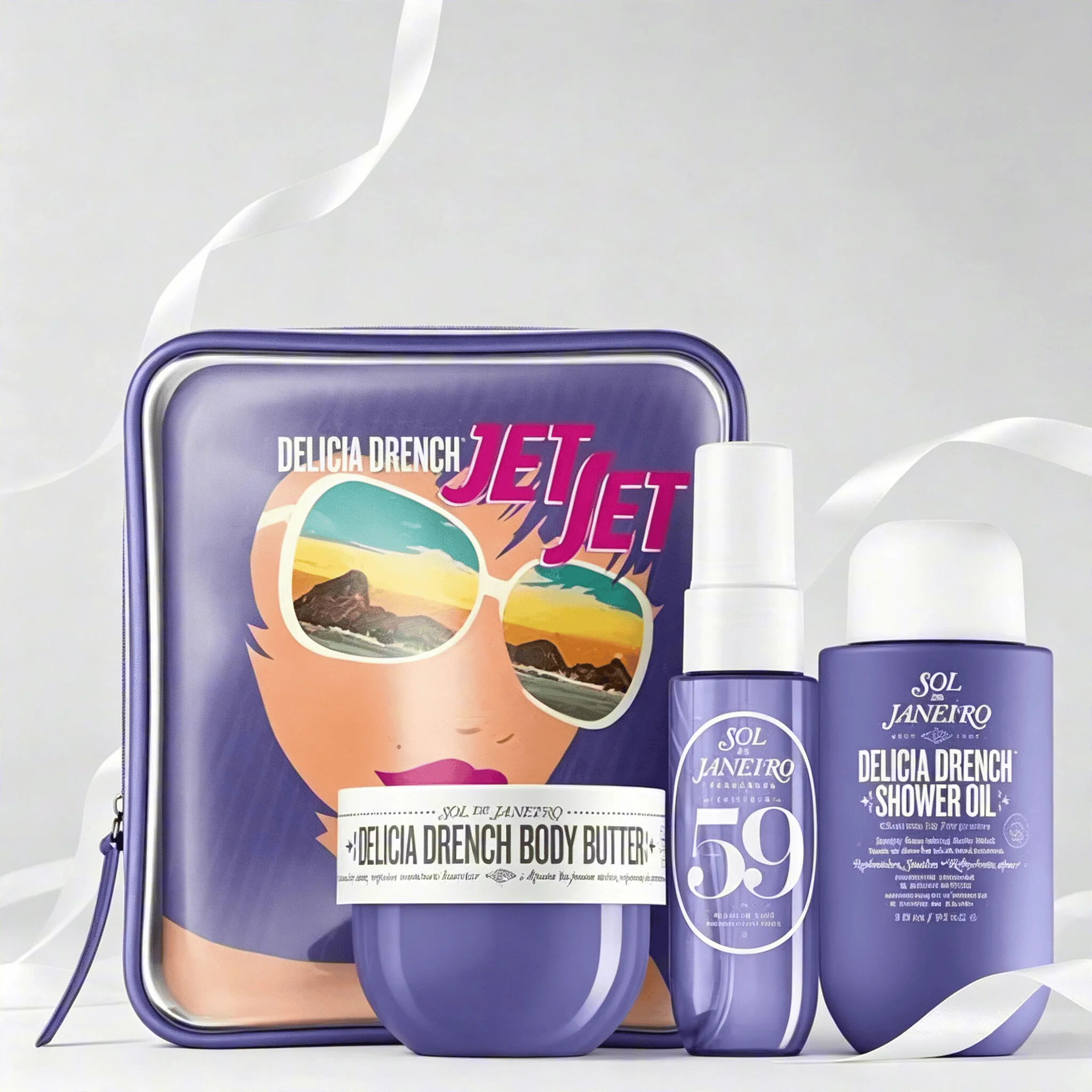 Sol de Janeiro Delicia Drench Jet Set Travel Perfume Gift Set For Women Cheirosa 59 Juicy Passion Fruit Vanilla Soft Gourmand Scent Portable Mini Body Perfume Deep Moisturizing Body Butter Cleansing Shower Oil Complete Purple Vintage Storage Bag Perfect T view 2