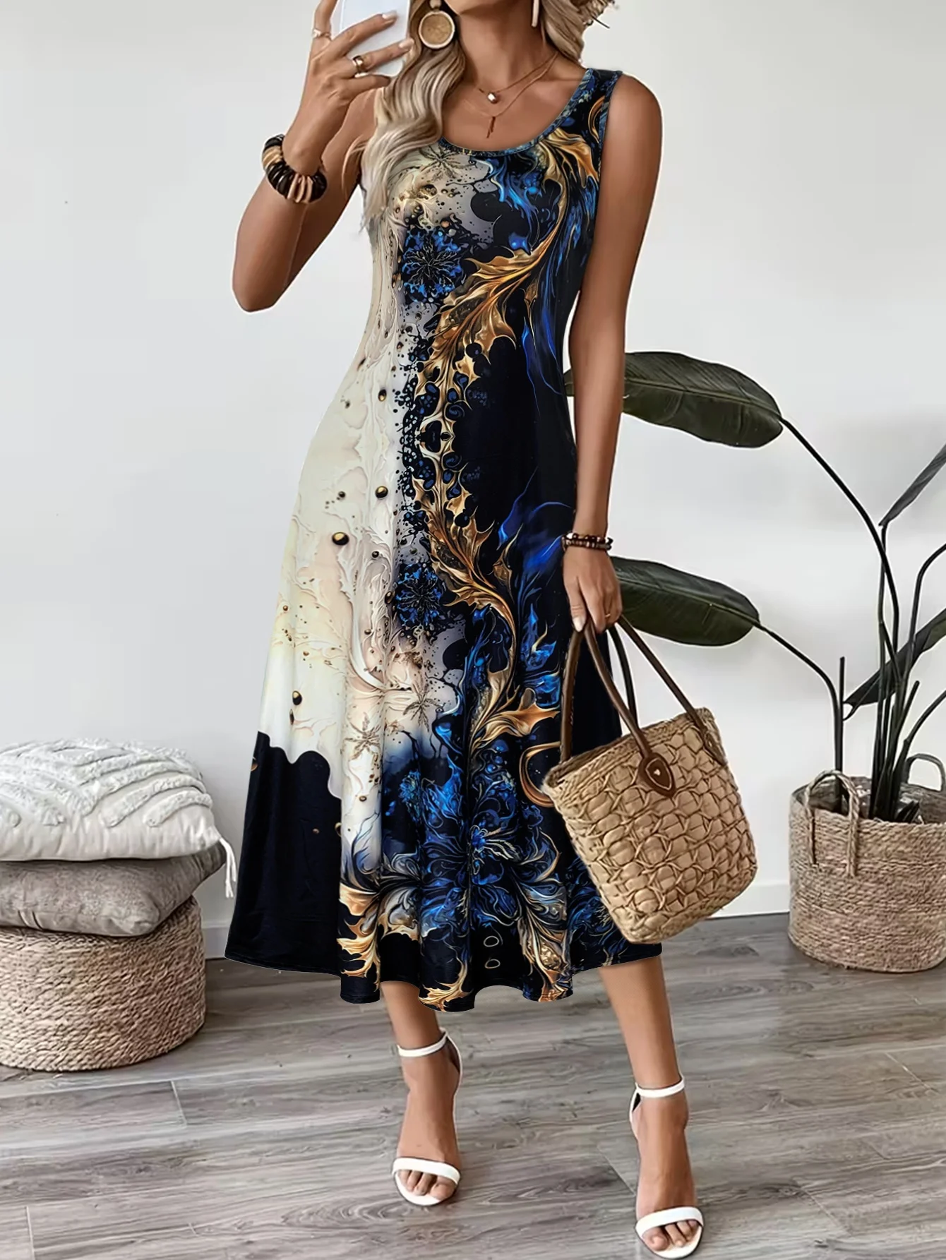 Abstract Marble Floral Print Sleeveless Midi