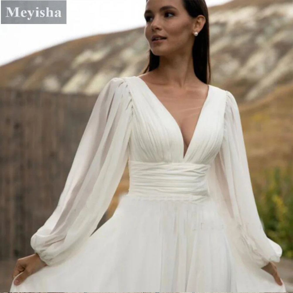 カスタマイズされた ZJ6024 クラシック A ラインシフォン長袖ウェディングドレス 2025 ヴィンテージコルセットビーチブライダルドレスレースアップバック