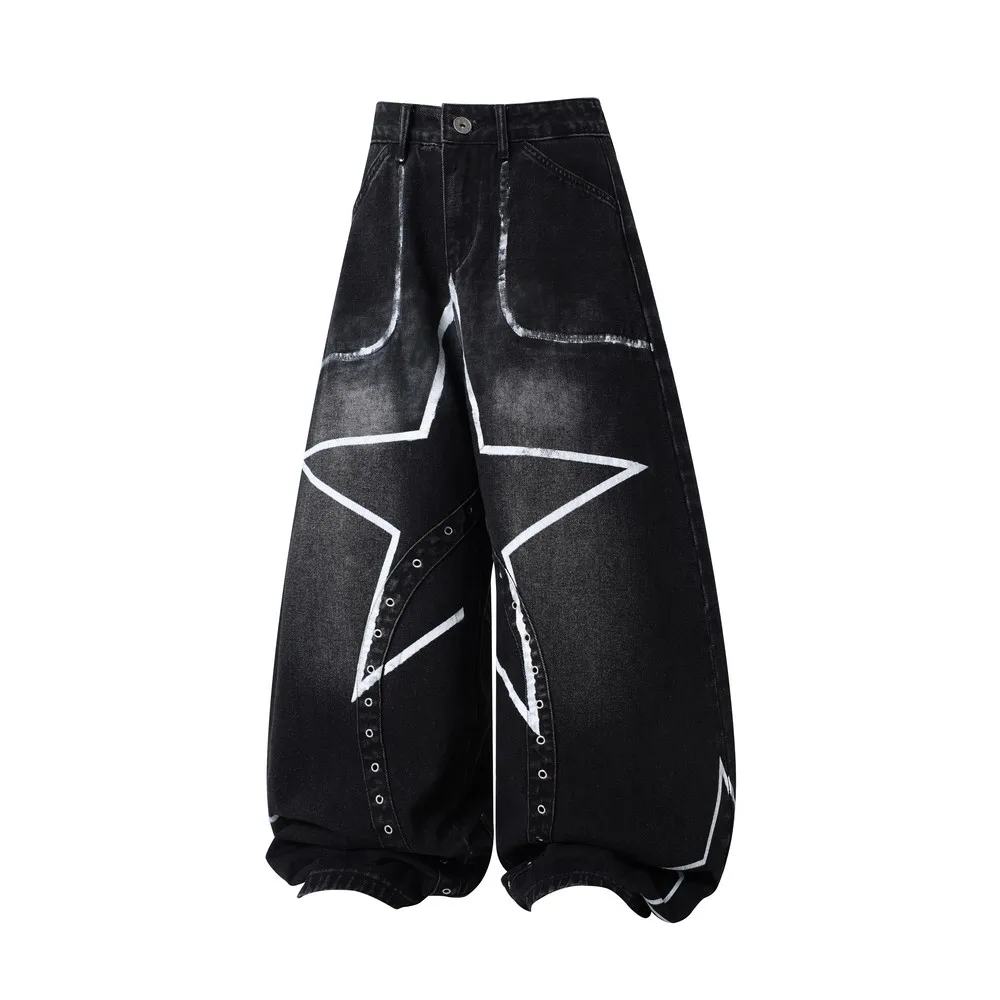 Graffiti Distressed Printed Washed Retro Gothic Grunge Loose Wide Leg Women's Jeans Pants Trousers for Women Men Streetwear