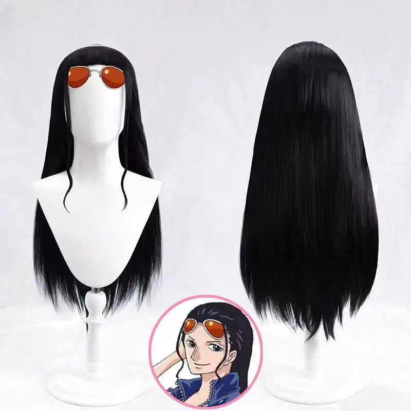 Nico Robin Cosplay Wig Long Black Hair Archaeologist Style Wig Simulated Scalp Top Rose Net Heat Resistant Synthetic Fiber Wig