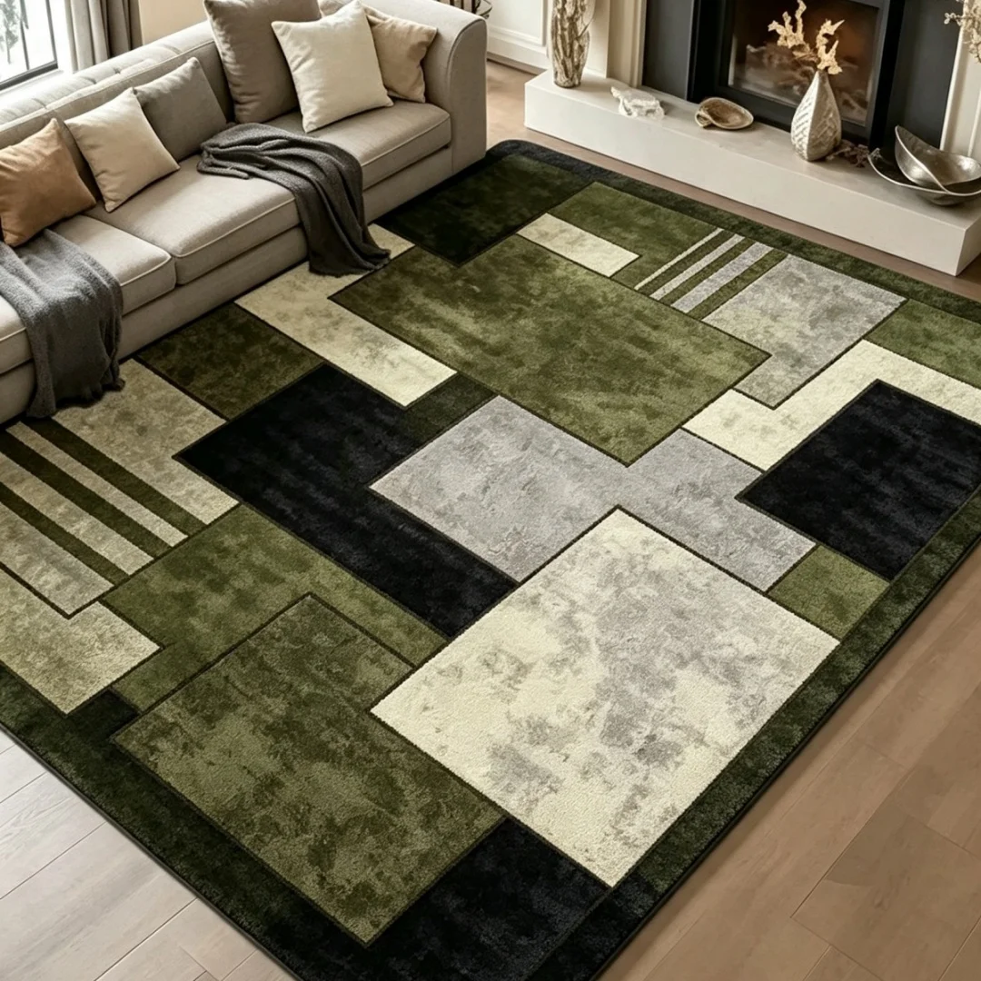 Modern Geometric Block Area Rug Brown Black Red Beige Patchwork Print Large Floor Carpet for Living Room Bedroom Indoor Decor