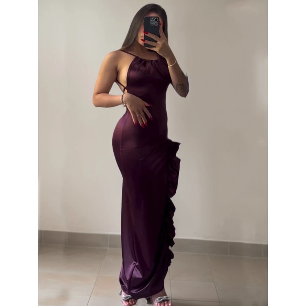 Sexy Backless Strap Dress High Waist Asymmetrical Hem Silk Glowing Polyester Fiber Tube Skirt for Travel And Other Occasions view 5