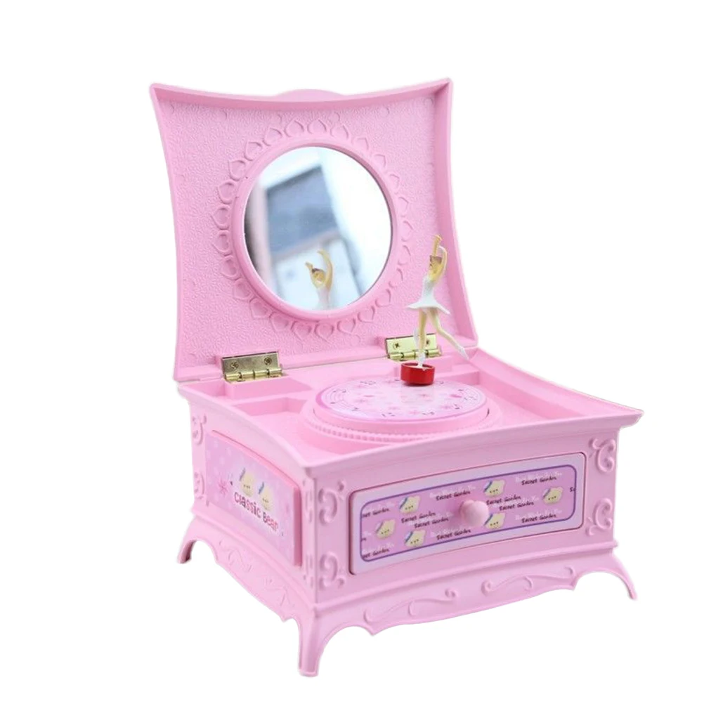 

Cute Music Box Dresser for Little Girls Classic Jewelry Storage Case Mirror Melody Hard Plastic Decorative 3D Wind Up Musical