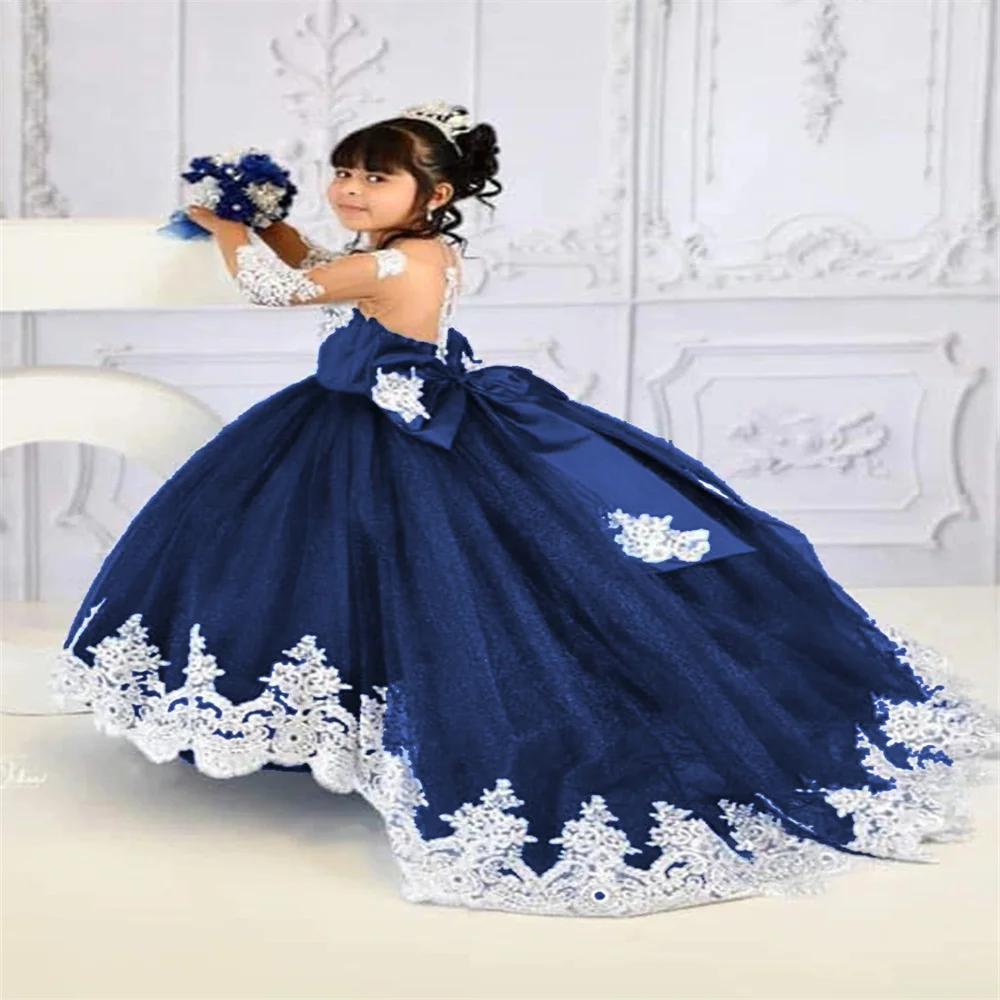 Trailing Sky Blue Flower Girl Dresses Tulle for Weddings Toddlers Long Sleeve Lace Princess Pageant Dress With Bow Kids Birthday