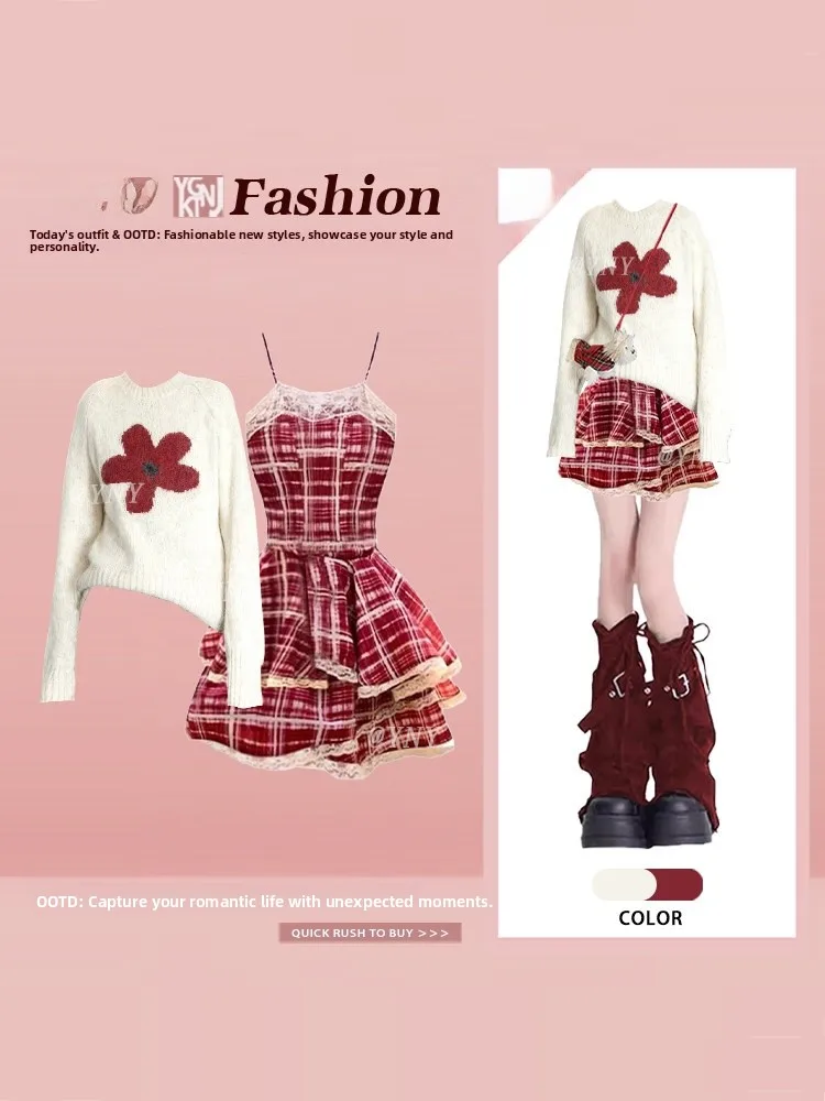 Sweet Floral Pattern Long Sve Knitted Sweater And Lace Trim ter Dr Set for Women Gentle Winter Faion Ensemble