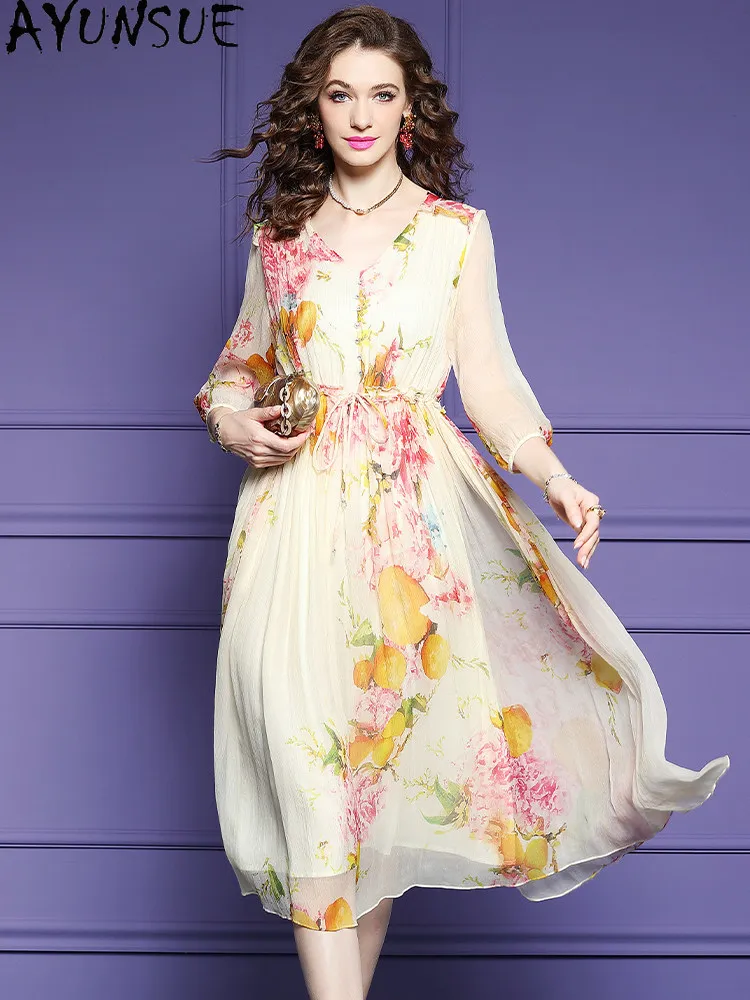 AYUNSUE 100% Natural Mulberry Silk Womens Dresses Elegant Dress 2026 Summer Clothes Long Dresses for Women Printed Платье Женско