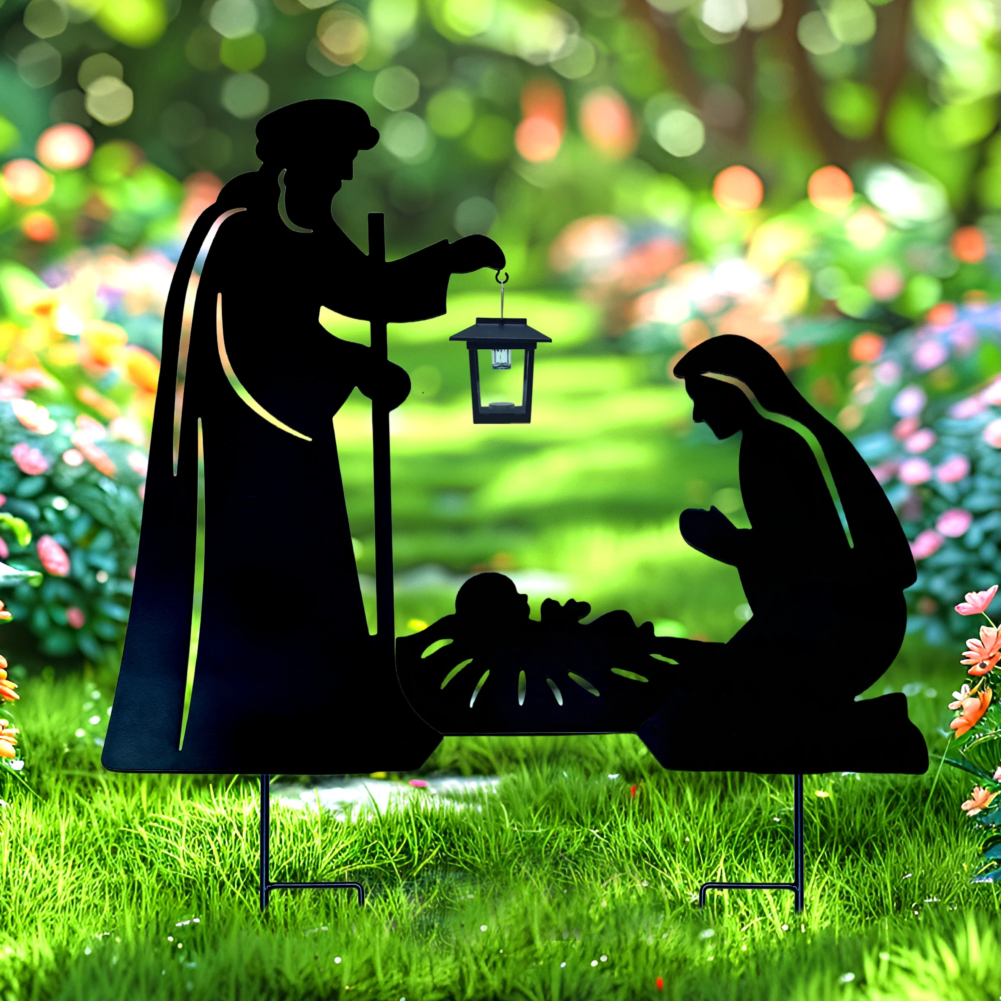Solar Powered Nativity Garden Stake Light Jesus Birth Iron Art LED Outdoor Yard Decor Auto On/Off Christmas Gift