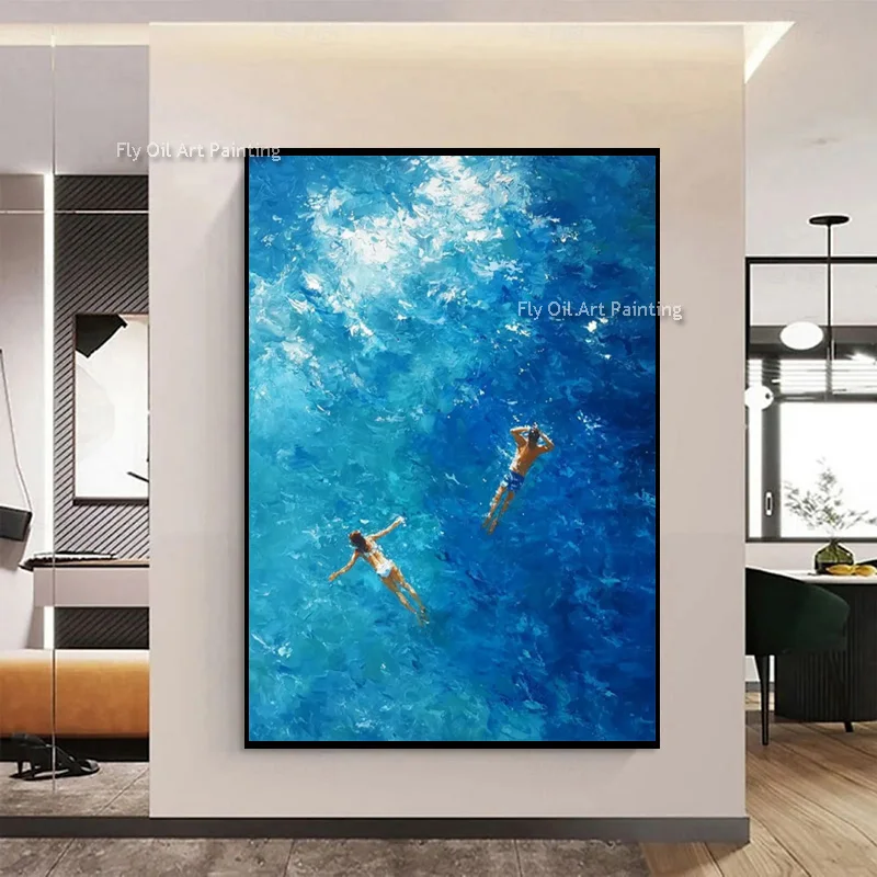 Dark Blue Ocean Canvas Artwork Handmade New Home Wall Decor Items Blue White People Swimming In The Sea Oil Painting For Room