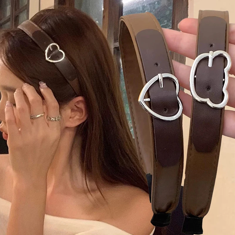 

Fashion Coffee Brown Leather Buckle Headband Hair Accessories Ladies Headband Spring and Autumn Warm PU Leather Heart Headband