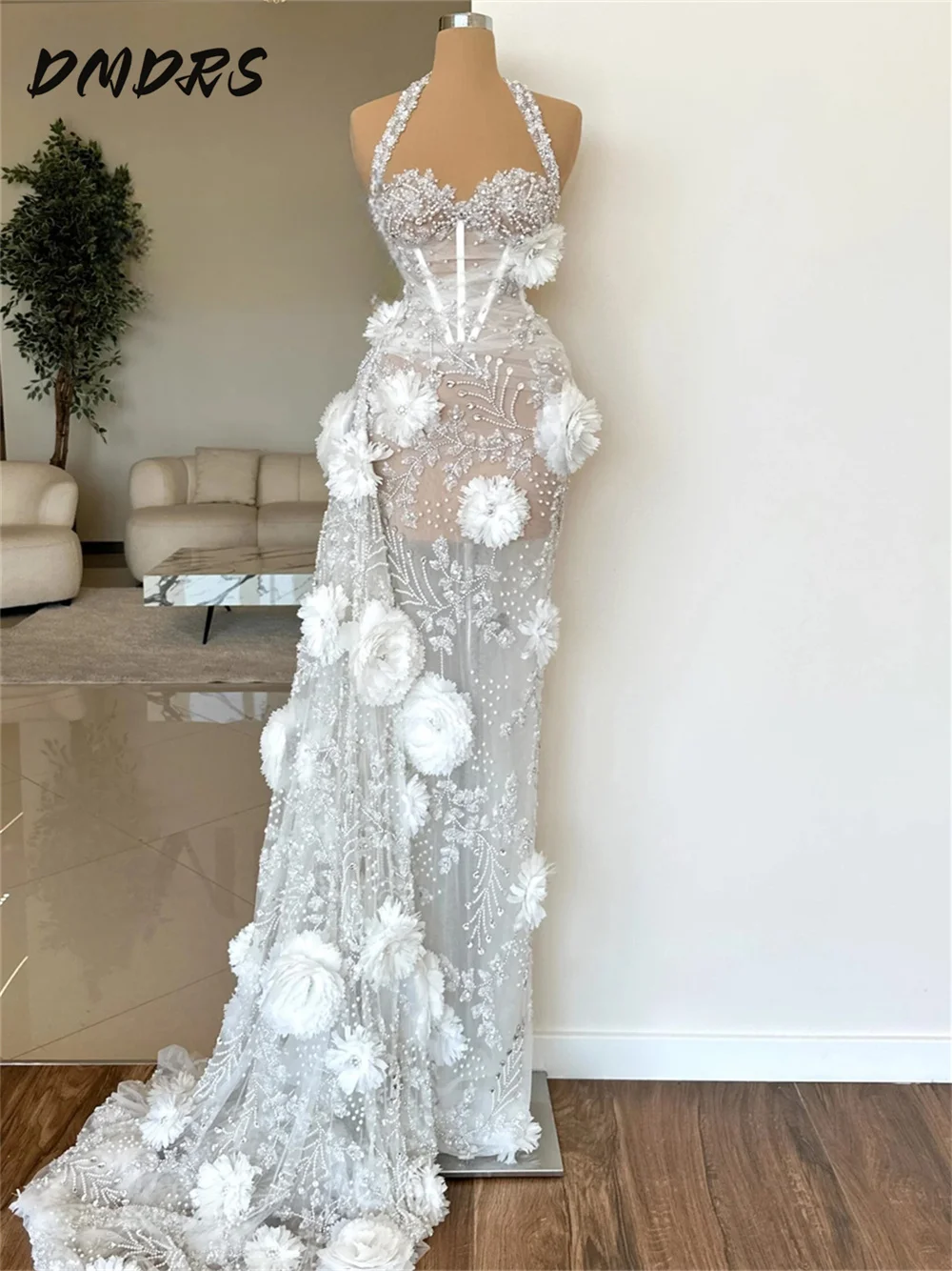 Luxurious 3D Flower Wedding Dress 2025 Shining Pearl Bridal Gown Formal Solemn Floor-length Gown For Dress Customized