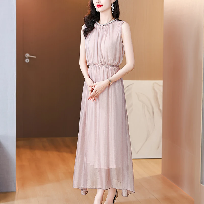 2024 Summer New Silk Sleeveless Dress Women\'s Satin Solid Color Paste Diamond Mulberry Silk Waist and Knee length Long Dress